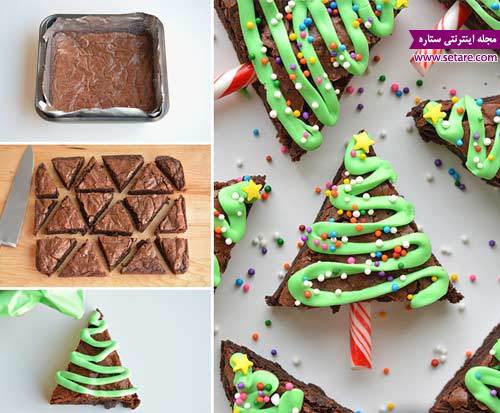 تزیین درخت کریسمس، تزیین براونی شکلاتی، کیک براونی، وسایل تزیین کریسمس 