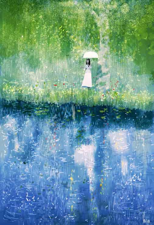 نقاشی هوای بارانی - جنگل بارانی - دختری در باران