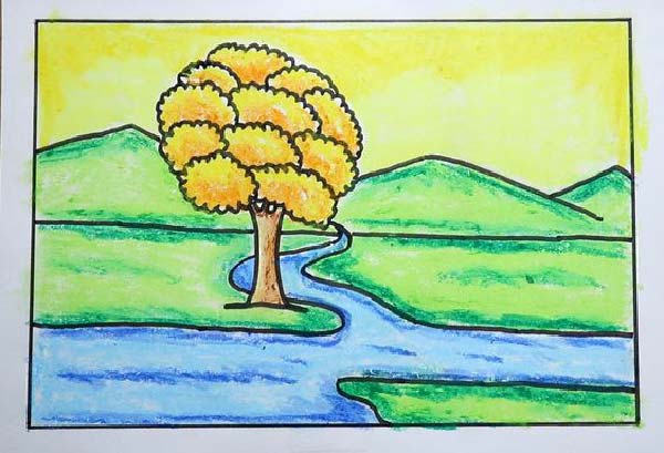 نقاشی طبیعت کودکانه با مداد رنگی با موضوع رودخانه و دشت