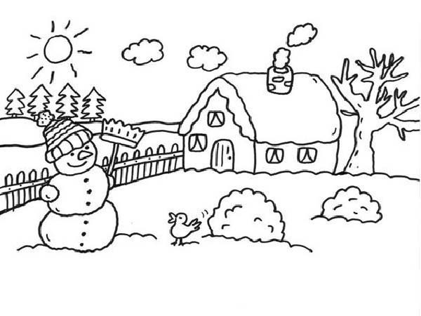 نقاشی درباره طبیعت کودکانه برفی و زمستانی برای رنگ آمیزی