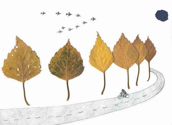 نقاشی پاییزی کودکانه با ایده استفاده از برگ خشک درختان