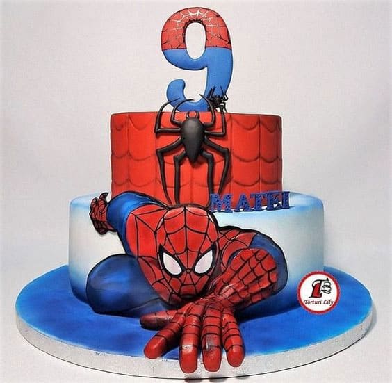  کیک تولد پسرانه دو طبقه با تم کارتون مرد عنکبوتی یا اسپایدر من