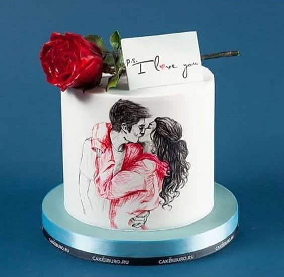 مدل کیک تولد دونفره با تم بوسه عاشقانه