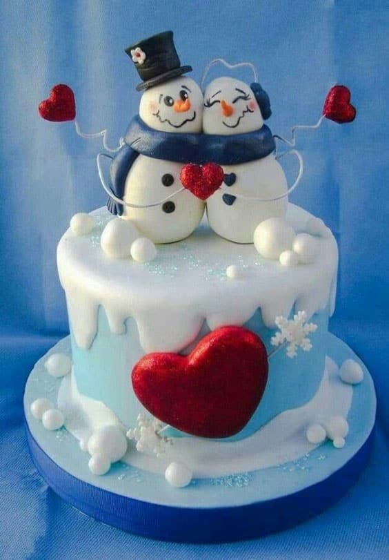 مدل کیک تولد زمستانی دونفره با تم عاشقانه
