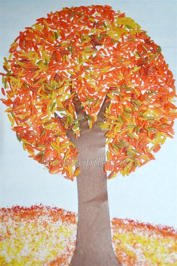 کاردستی درخت فصل پاییز با دانه های برنج رنگ شده با گواش