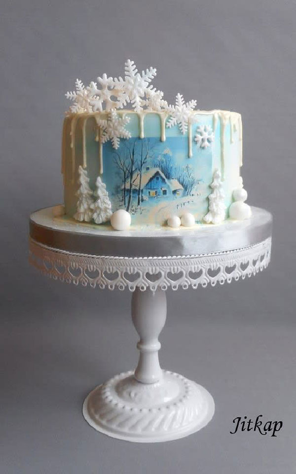 کیک تولد مردانه با تم زمستان سفید و برفی