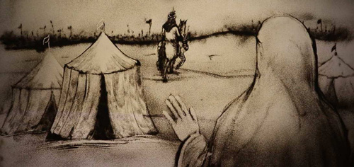 نقاشی سیاه سفید از حضرت زینب در واقعه کربلا