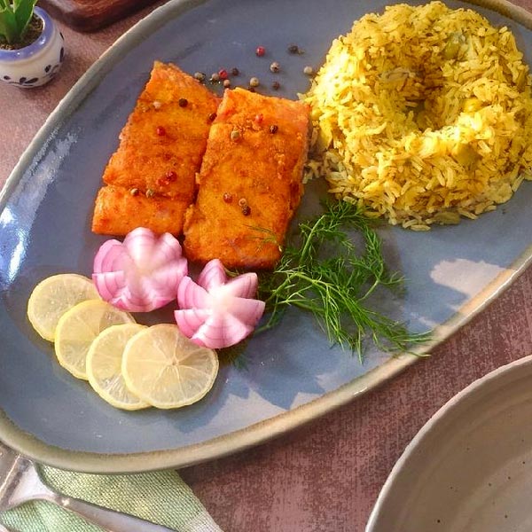 دیزابن مجلسی سبزی پلو با ماهی قزل آلا