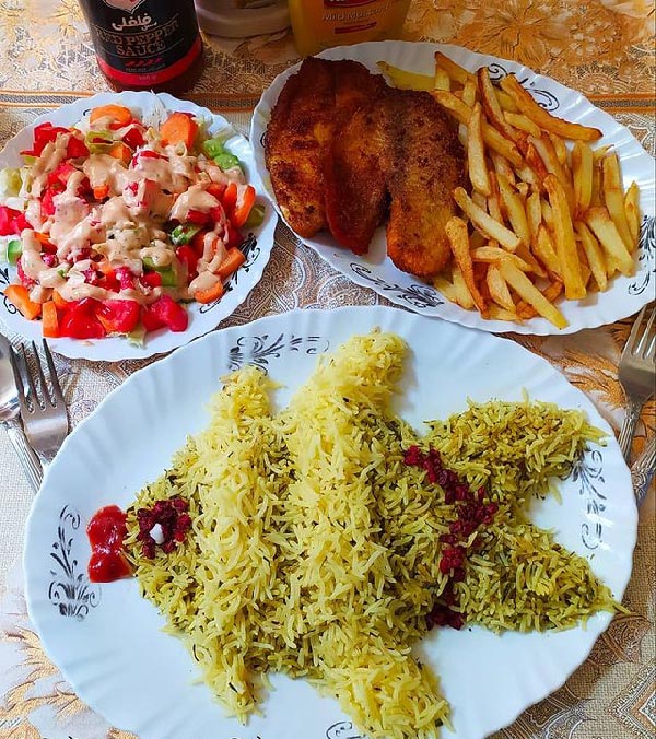 دیزابن دیس سبزی پلو با ماهی به شکل ماهی