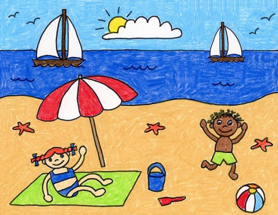 نقاشی کودکانه ساده ساحل دریا