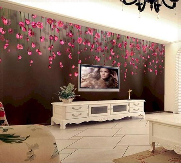 پوستر سه بعدی پشت تلویزیون با طرح گل‌های بهاری