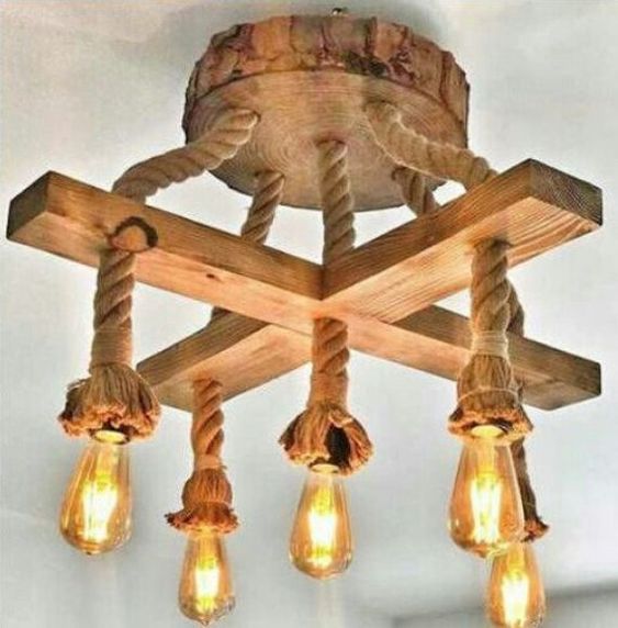 لوستر چوبی ترکیب چوب و طناب مناسب اتاق خواب