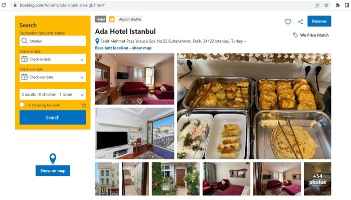 اسکرین شاتی از سایت بوکینگ دات کام شامل تصاویری از هتل آدا استانبول