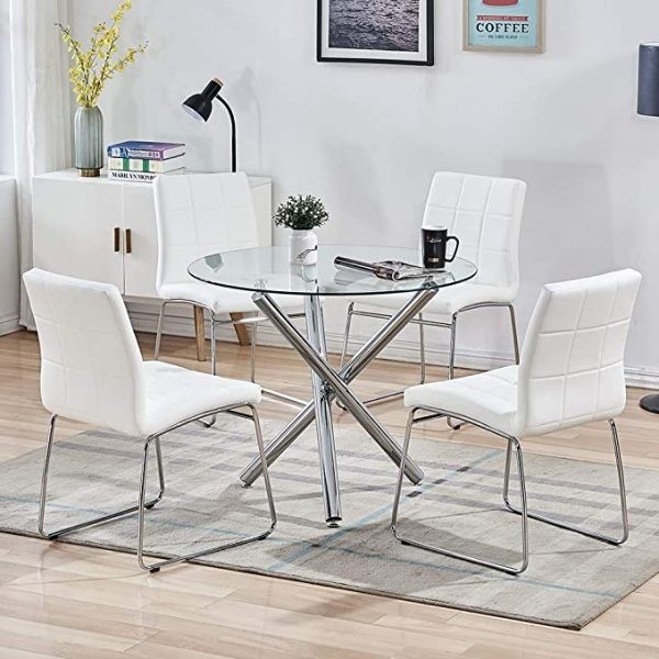 میز گرد شیشه ای مدرن با صندلی های چرمی فلزی 