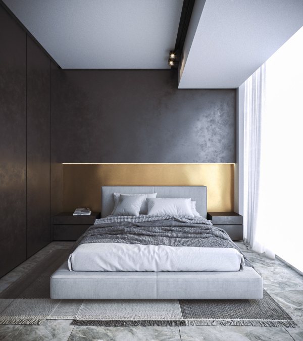 طراحی تیره اتاق خواب مشکی طلایی 
