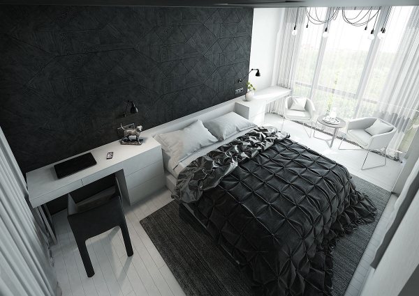 طراحی اتاق خواب تاریک مشکی سفید