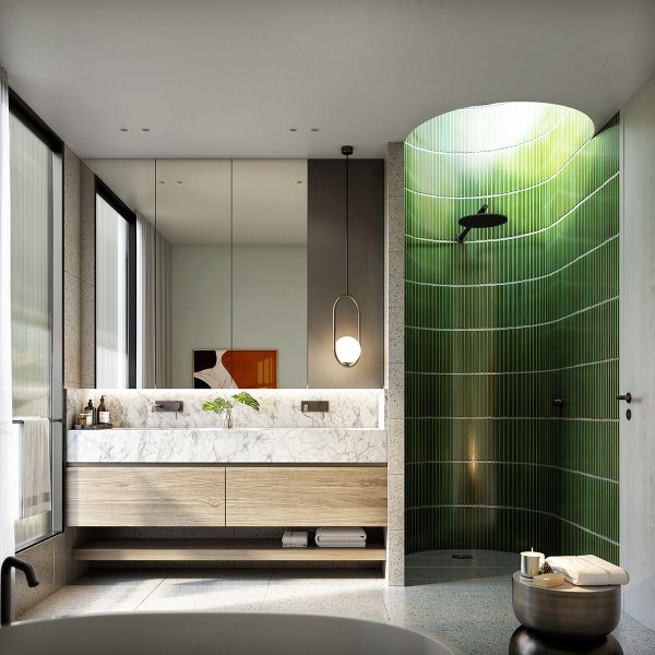 طراحی حمام و دستشویی با رنگ سبز و گلدان گل