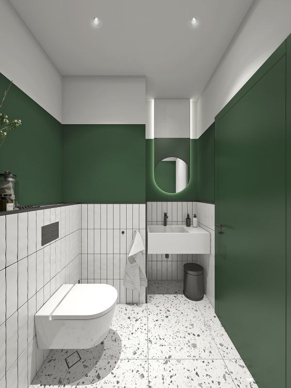 ترکیب سبز تیره و سفید برای حمام و دستشویی مدرن 