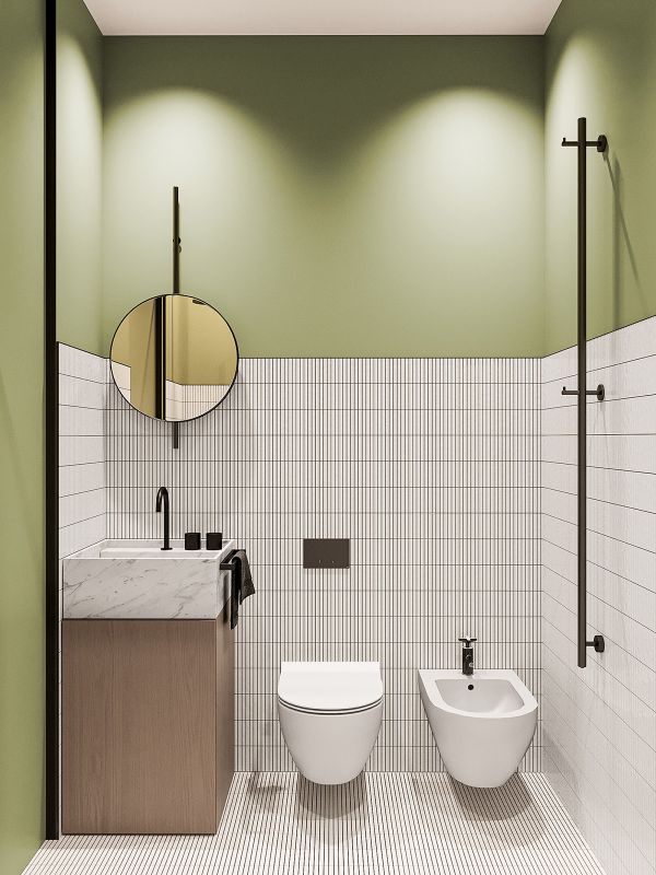 ترکیب رنگ سبز و سفید برای حمام کوچک