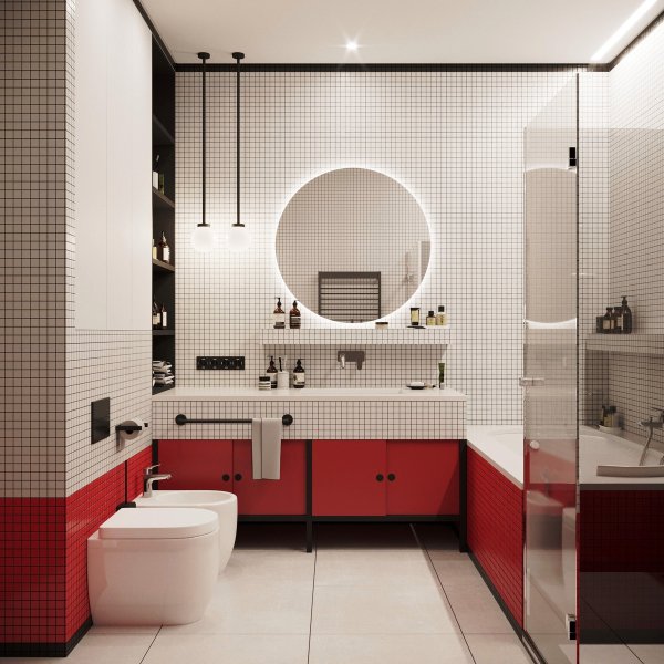 حمام و دستشویی بزرگ قرمز سفید