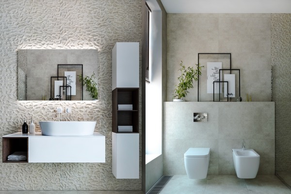 دکوراسیون حمام خاکستری و سفید با گیاهان 