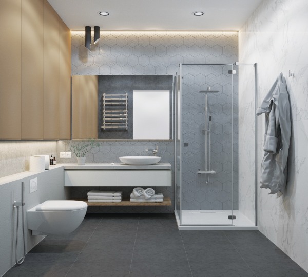 دکوراسیون حمام خاکستری و سفید با گیاهان آپارتمانی