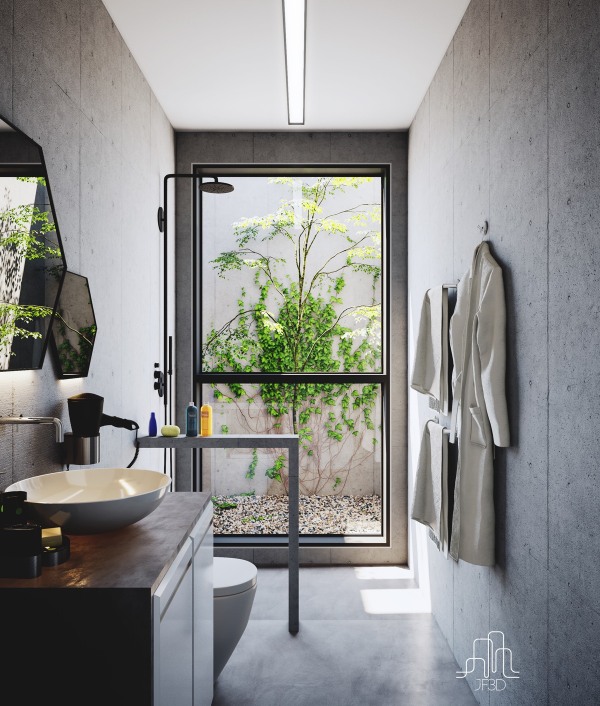 دکوراسیون حمام سفید و خاکستری با گیاهان 