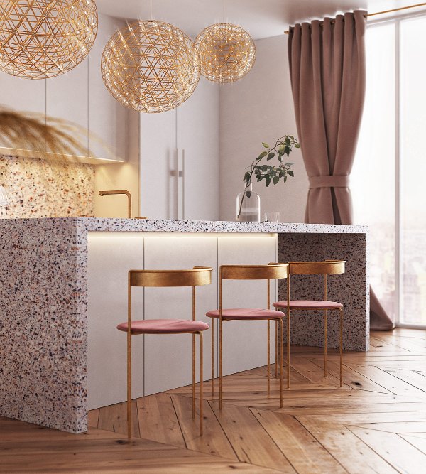 ایده طراحی دکوراسیون آشپزخانه طلایی سفید