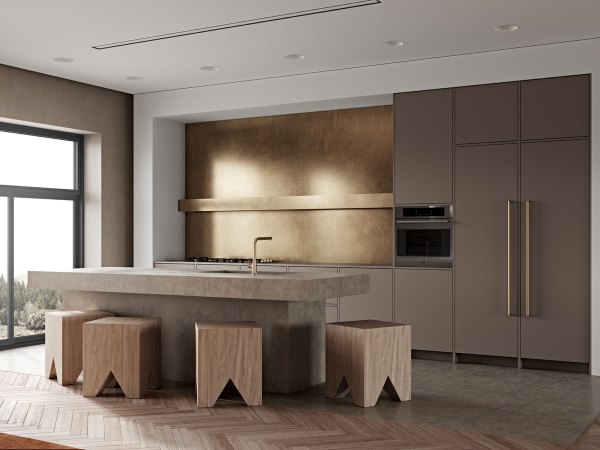 طراحی دکوراسیون آشپزخانه طوسی طلایی