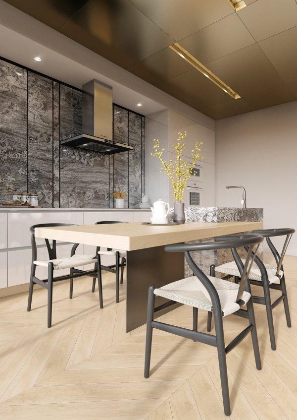 طراحی دکوراسیون آشپزخانه طلایی طوسی