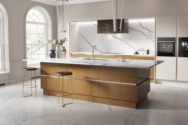 طراحی فضای آشپزخانه طلایی سفید