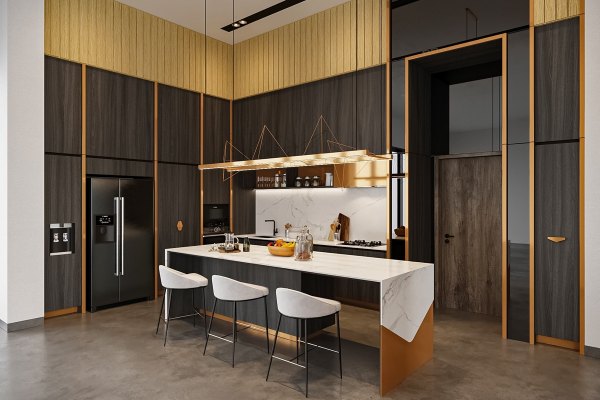 ایده طراحی دکوراسیون آشپزخانه مشکی طلایی