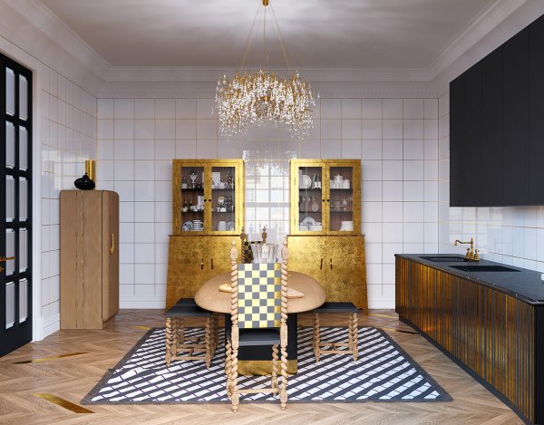 طراحی دکوراسیون آشپزخانه طلایی سفید