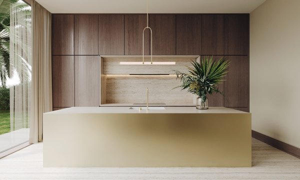 طراحی دکوراسیون آشپزخانه کرم طلایی