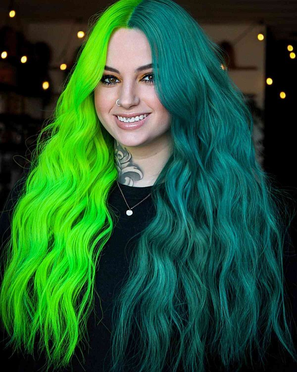 مدل رنگ مو دو تکه با سبز فانتزی