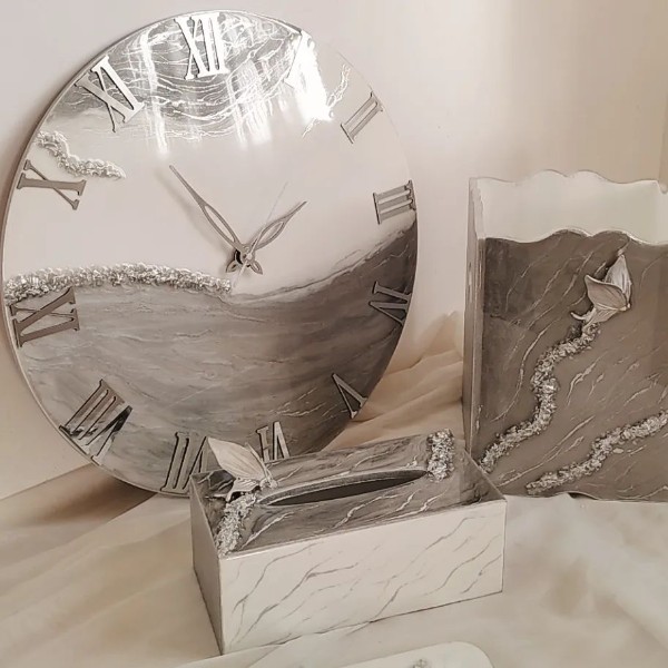 ست ساعت و سطل و جای دستمال رزینی