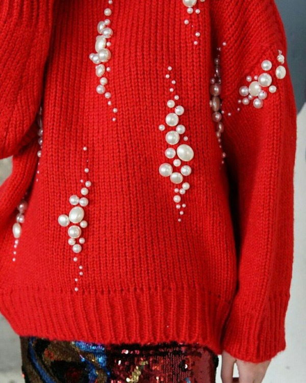 پلیور قرمز مرواریدی زیبا