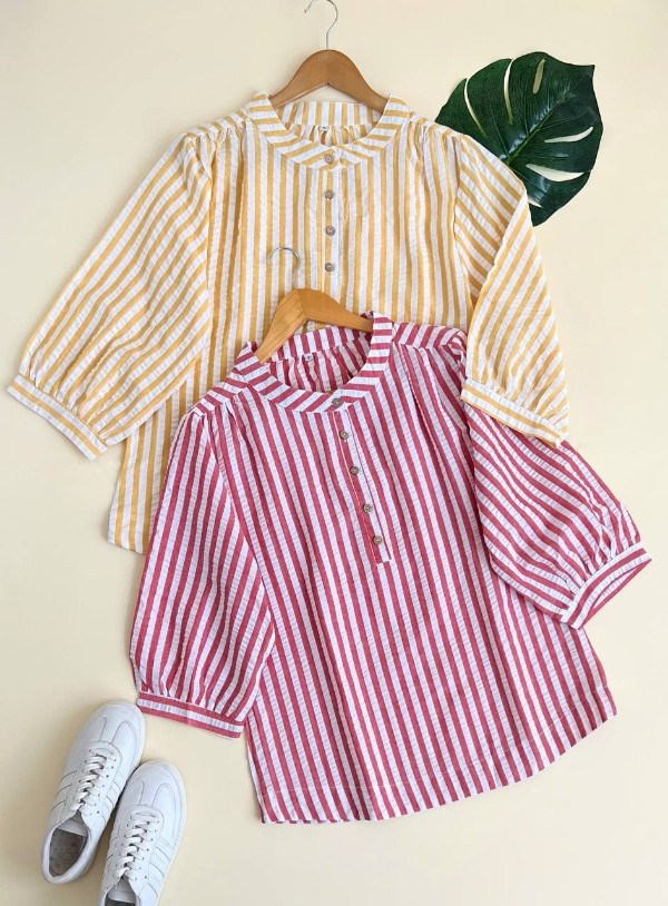 شومیز راه راه کوتاه دکمه دار