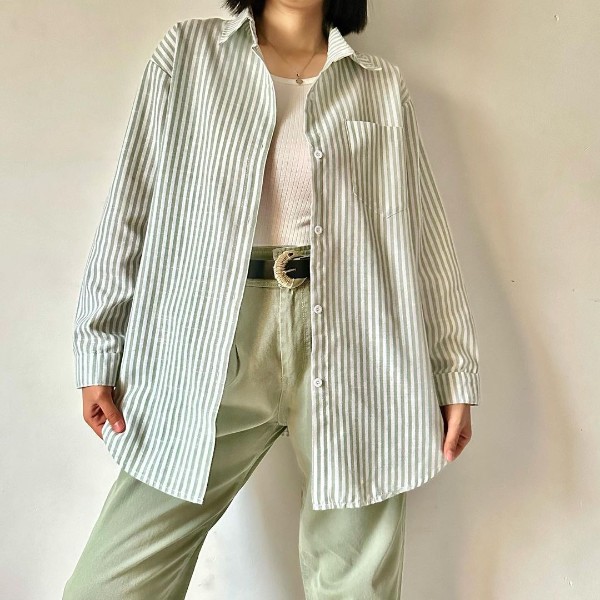 شومیز تک جیب راه راه سبز و سفید