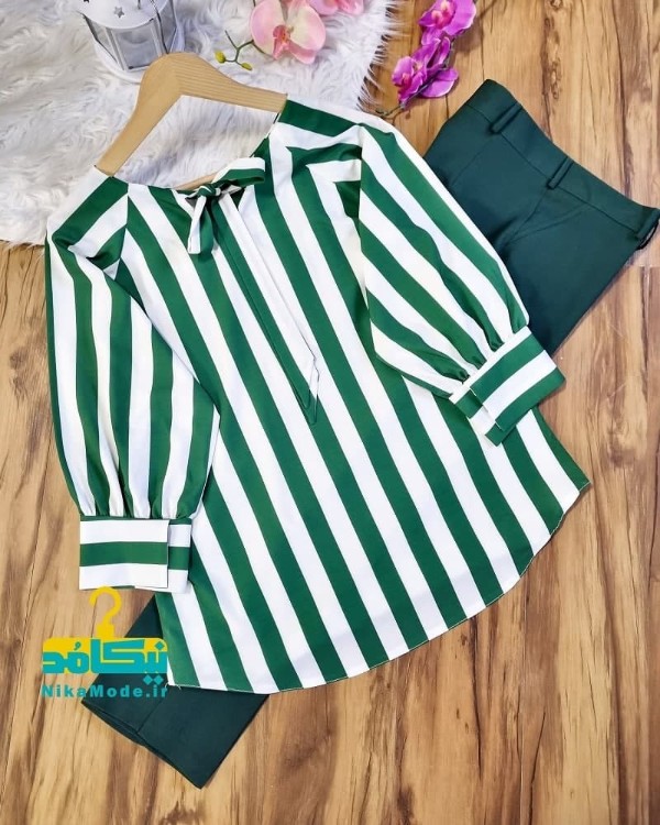 شومیز راه راه سبز و سفید آستین سه ربع