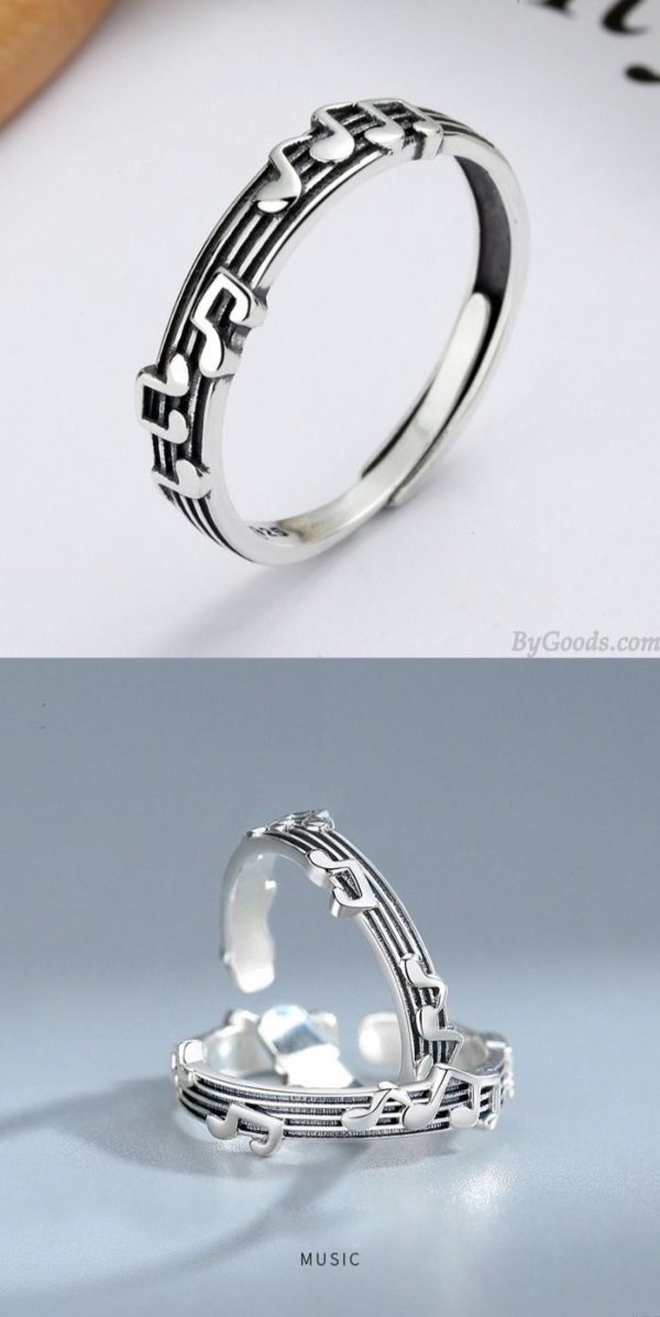 مدل انگشتر با نوت موسیقی برجسته نقره‌ای زیبا