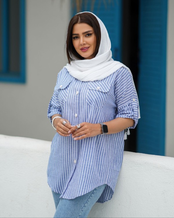 مانتو کتی راه راه آبی سفید دو جیب