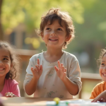 چند کودک دور میز نشسته اند و درحال بازی اند