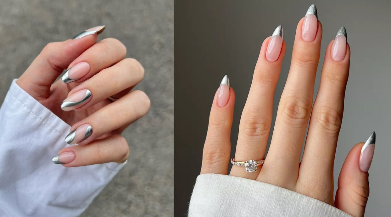 لاک ناخن فرنچ با متال ژل نقره ای