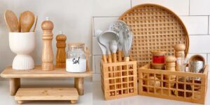 ایده چیدمان روی کابینت آشپزخانه با دکوری چوبی