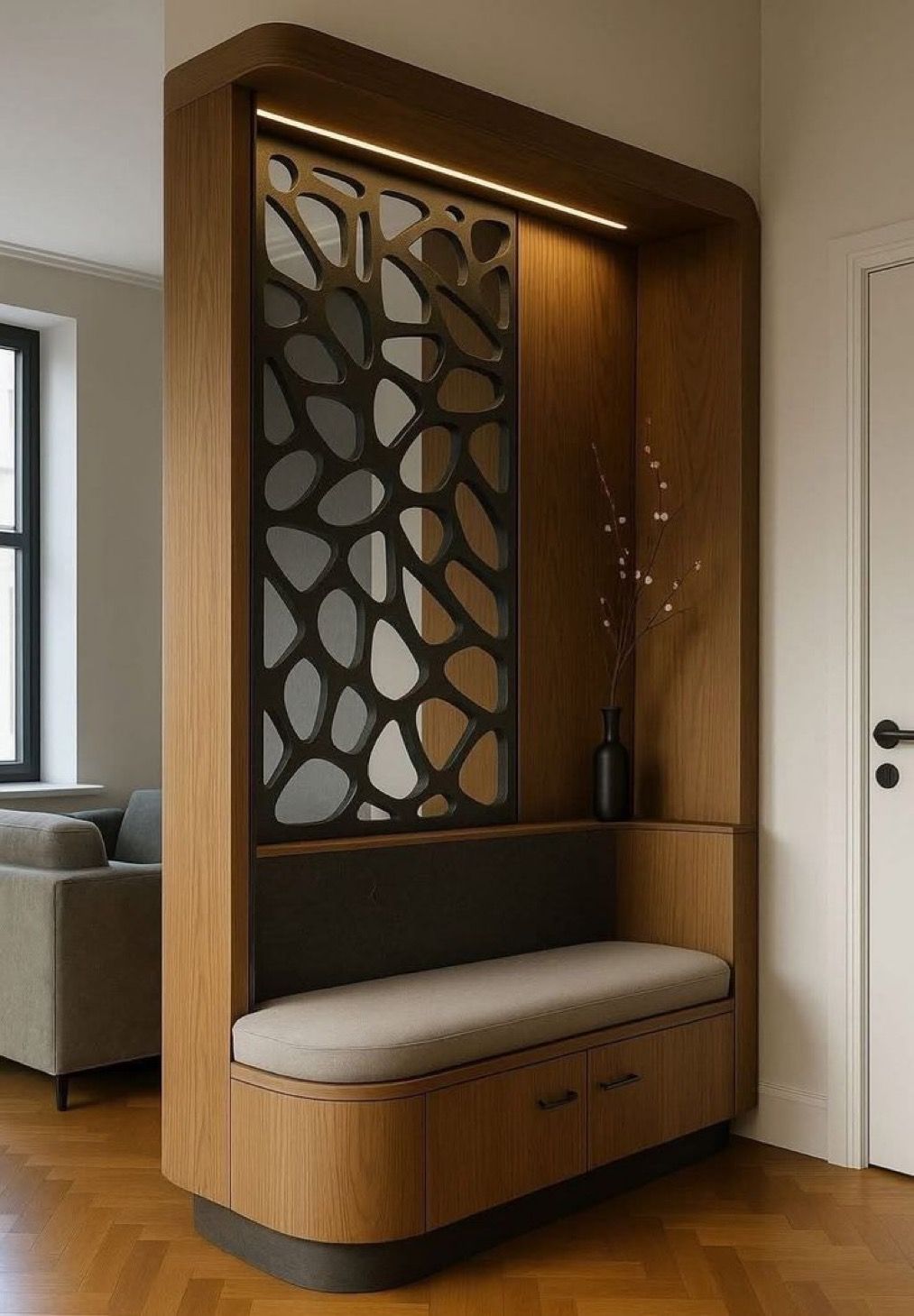 دیزاین دیوار پذیرایی مدرن با چوب