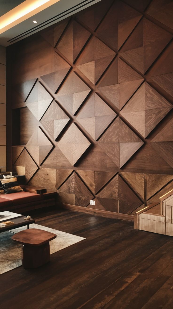 دیزاین دیوار پذیرایی مدرن با چوب