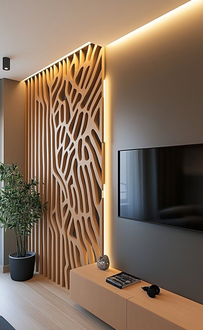 دیزاین دیوار پذیرایی مدرن با چوب