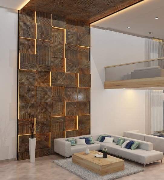 دیزاین دیوار پذیرایی مدرن با چوب