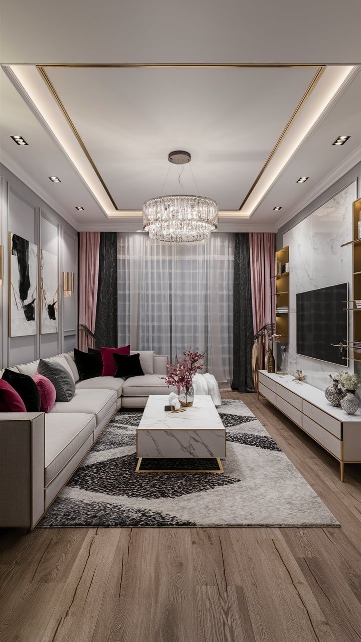 چیدمان پذیرایی مستطیل باریک